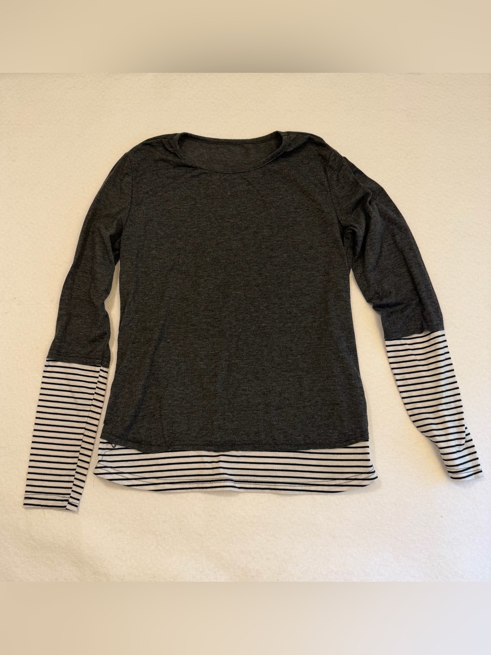 SHEIN Charcoal Layered Long-Sleeve Top with Black-and-White Striped Hem